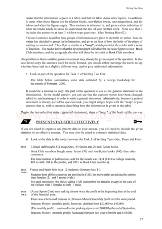 Writing Test Hints
reader that the information is given in a table, and that the table shows sales figures. In addition,
it states what those figures are for (fiction books, non-fiction books, and magazines), and for
whom and when the figures apply. This sentence is informative, and gives a clear indication of
what the reader needs to know to understand the rest of your written work. Note also that it
includes the answer to at least 3 wh/how type questions. (See Writing Hint 62.)
The next sentence describes how groups of information are given in the table or, rather, how the
writer has decided to group the information, and gives an idea of how the body of the piece of
writing is constructed. The effect is similar to a "map", which provides the reader with a sense
ofdirection. The reader knows that the next paragraph will describe the sales figures to non- Book
Club members, and the paragraph after that will describe the sales to Book Club members.
One problem is that a suitable general statement may already be given as part ofthe question. In that
case do not copy the sentence word for word. Instead, you should either rearrange the words to say
what has been said in a slightly different way, and/or give additional information:
• Look at part of the question for Task 1 of Writing Test One:
The table below summarises some data collected by a college bookshop for
the month of February, 2000.
It would be a mistake to copy this part of the question to use as the general statement in the
introduction. In the model answer, you can see that the question words have been changed,
added to, and rearranged in order to write a general statement. Alternatively, because a general
statement is already part of the question task, you might simply begin with the "map" of your
answer, that is, with a sentence describing how the information is given in the table.
Begin the introduction with a general statement, then a "map" ofthe body ofthe answer
PRESENT STATISTICS EFFECTIVELY
If you are asked to organise and present data in your answer, you will need to include the given
statistics in an effective manner. You may also be asked to compare statistical data.
O Look at the data in the model answers for Task 1 of Writing Tests One, Three and Four:
TEST College staff bought 332 magazines, 44 fiction and 29 non-fiction books.
Book Club members bought more fiction (76) and non-fiction books (942) than other
customers.
The total number of publications sold for the month was 3134 (1474 to college students,
405 to staff, 204 to the public, and 1051 to Book Club members).
TEST France and Spain both have 12 students; Germany has 11.
TMRFF
Students from all five countries are enrolled in CAD, but more males are taking this option
than females (21 and 9 respectively).
For each nationality the males taking CAD outnumber the females except in the case of
the Syrians with 3 females to only 1 male.
TEST (Acme Sports Cars) was making almost twice the profit at the beginning than at the end
FOUR of the financial year.
There was a three-fold increase in (Branson Motors') monthly profit over the same period.
Branson Motors' monthly profit, however, doubled from £20,000 to £40,000.
(The monthlyprofit)... continuedtorise,peaking atjustover£60,000 bythe endofSeptember.
Branson Motors' monthly profits fluctuated between just over £60,000 and £40,000.
57
www.IELTS4U.blogfa.com
 
