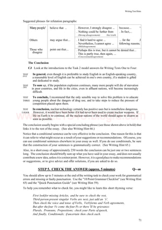Writing Test Hints
Suggested phrases for refutation paragraphs:
Many people'
Others
Those who
disagree
believe that ..
may argue that...
point out that...
. However, I strongly disagree ...
. Nothing could be further from
(Strong disagreement) the truth
. I find it hard to agree ...
. Nevertheless, I cannot agree ...
(Milddisagreement)
because... ^
. In fact,...
... for the J
following reasons;
. Perhaps this is true, but it cannot be denied that...
. This is partly true, then again, ...
(Concessionaldisagreement)
The Conclusion
CJ Look at the introductions to the Task 2 model answers for Writing Tests One to Four:
TEST In general, even though it is preferable to study English in an English-speaking country,
0NE
a reasonable level of English can be achieved in one's own country, if a student is gifted
and dedicated to study.
TEST To sum up, if the population explosion continues, many more people will die of starvation
TW0
in poor countries, and life in the cities, even in affluent nations, will become increasingly
difficult.
TEST To conclude, I recommend that the only sensible way to solve this problem is to educate
THREE young people about the dangers of drug use, and to take steps to reduce the pressure of
competition placed upon them.
TEST In conclusion, nuclear technology certainly has positive uses but is nonetheless dangerous.
i FOUR However, it would have been better if it had never been used to create nuclear weapons. If
life on Earth is to continue, all the nuclear nations of the world should agree to disarm as
soon as possible.
The conclusion usually begins with a special concluding phrase (see those shown above in bold) that
links it to the rest of the essay. (See also Writing Hint 66.)
Notice that a conditional sentence can be very effective in the conclusion. One reason for this is that
it can refer to what might occur as a result ofyour suggestions or recommendations. Of course, you
can use conditional sentences elsewhere in your essay as well. If you do use conditionals, be sure
that the construction of your sentences is grammatically correct. (See Writing Hint 65.)
Also, in a short essay of approximately 250 words the conclusion can be just one or two sentences
long. The conclusion should briefly sum up what you have said in your essay, and does not usually
contribute anew idea, unless itis aminorpoint. However, itis agoodplace to makerecommendations
or suggestions, or to give advice and offer solutions, if you are asked to do so.
STEP 5. CHECK THE ANSWER (approx. 5 minutes) Q—m
You should allow up to 5 minutes at the end ofthe writing task to check your work for grammatical
errors and missing or faulty punctuation. Use the "10 Point Grammar Checklist" (see Writing Hint
65) and the "Quick Punctuation Guide" (see Writing Hint 59).
To help you remember what to check for, you might like to learn this short rhyming verse:
First lookfor missing Articles, and be sure to check the rest,
Third-person present singular Verbs are next, just add an 's'.
Then check the voice and tense of Verbs, Verbforms and Verb agreements,
But after the four Vs come the four Ps or there 'II be grievance:
Plurals, Pronouns, Prepositions; check your Parts ofspeech,
And finally, Conditionals; if uncertain then check each.
71
www.IELTS4U.blogfa.com
 