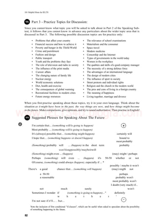 101 Helpful Hints for IELTS
Part 3 - Practice Topics for Discussion:
Since you cannot know what topic you will be asked to talk about in Part 2 of the Speaking Sub-
test, it follows that you cannot know in advance any particulars about the wider topic area that is
discussed in Part 3. The following possible discussion topics are for practice only:
• Problems that affect your country
• Financial success and how to achieve it
• Poverty and hunger in the Thirld World
• Crime and punishment
• Fashion and design
• Public transport
• Youth and the problems they face
• The role of television and radio in society
• The influence of the print media
• Current affairs
• The changing nature of family life
• Nuclear energy
• World economic solutions
• Diet, health and exercise
• The consequences of global warming
• Recreational facilities in modern cities
• Future energy resources
• The relevance of school examinations
• Materialism and the consumer
• Space travel
• Modern medicine
• Censorship and the Internet
• Types of governments in the world today
• Women in the workplace
• The qualities and skills of a good company manager
• The necessity of a strong defence force
• The advantages of an international language
• The design of modern cities
• The influence of sport in society
• Street protests and individual rights
• Religion and the church in the modern world
• The pros and cons of living in a foreign country
• The meaning of happiness
• Living together, marriage and divorce
When you first practise speaking about these topics, try it in your own language. Think about the
situation as it might have been in the past, the way things are now, and how things might become
in the future. Make comparisons, give opinions, and try to sound authoritative. Then practise in English!
Suggested Phrases for Speaking About The Future
I'm certain that... (something will/is going to happen)
Most probably ... (something will/is going to happen)
It's (always) possible that... (something might happen) certainly will
I hope that... (something happens or doesn't happen) bound to
most probably
(Something) probably will ... (happen) in the short term probably
won'tlongpossibly/maybeitwill
(Something) might even ... (happen) (may) might / perhaps
Perhaps (something) will even ... (happen) it's 50-50 whether or not
Of course, (something) could always (happen), especially if ... *
possibly / maybe it won't
There's a good chance that... (something will happen) (may) migllt not
a 50-50 perhaps
a reasonable probably won't
most probably won't
I doubt (very much) if...
not much surely won't
Sometimes I wonder if (something is going to happen)..." definitely
w h e t h e r '
I'm not sure if it'll... . but...
Note the inclusion of first conditional "if clauses", which can be useful when asked to speculate about the possibility
of something happening in the future.
82
www.IELTS4U.blogfa.com
 