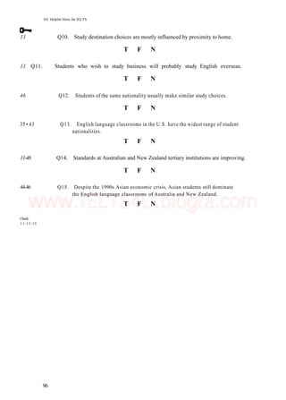 101 Helpful Hints for IELTS
11 Q10. Study destination choices are mostly influenced by proximity to home.
T F N
11 Q11. Students who wish to study business will probably study English overseas.
T F N
46 Q12. Students of the same nationality usually make similar study choices.
T F N
35 • 43 Q13. English language classrooms in the U.S. have the widest range of student
nationalities.
T F N
11-48 Q14. Standards at Australian and New Zealand tertiary institutions are improving.
T F N
44-46 Q15. Despite the 1990s Asian economic crisis, Asian students still dominate
the English language classrooms of Australia and New Zealand.
T F N
Check:
11-13-15
96
www.IELTS4U.blogfa.com
 