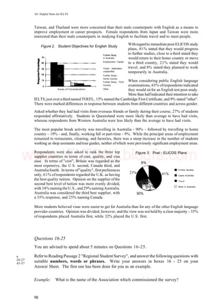 101 Helpful Hints for IELTS
Taiwan, and Thailand were more concerned than their male counterparts with English as a means to
improve employment or career prospects. Female respondents from Japan and Taiwan were more
interested than their male counterparts in studying English to facilitate travel and to meet people.
Figure 2. Student Objectives for English Study
50 -,
Areas of Consideration
Further Study
in Australia
Employment / Career
Travel - destination
unspecified
Further Study -
Home Country
Further Study - Third
Country
Other
Withregardto immediatepost-ELICOS study
plans, 41% stated that they would progress
to further studies, close to a third stated they
would return to their home country or move
to a third country, 21% stated they would
travel, and 8% stated they planned to work
temporarily in Australia.
When considering public English language
examinations, 65% ofrespondents indicated
they would sit for an English test post-study.
More than halfindicated theirintention to take
IELTS,just over athird named TOEFL, 15% named the Cambridge First Certificate, and 9% stated "other".
There were marked differences in response between students from different countries and across gender.
Asked whether they had had visits from overseas friends or family during their course, 27% of students
responded affirmatively. Students in Queensland were more likely than average to have had visits,
whereas respondents from Western Australia were less likely than the average to have had visits.
The most popular break activity was travelling in Australia - 90% - followed by travelling to home
country - 19% - and, finally, working full or part-time - 9%. While the principal areas of employment
remained in restaurants, cleaning, and factories, there was a steep increase in the number of students
working as shop assistants and tour guides, neither ofwhich were previously significant employment areas.
Respondents were also asked to rank the three top
supplier countries in terms of cost, quality, and visa
ease. In terms of "cost", Britain was regarded as the
most expensive, the U S. second, Canada third, and
Australiafourth. In terms of"quality", firstpreferences
only, 61% ofrespondents regarded the U.K. as having
the best quality tuition. Opinion on the supplier ofthe
second best level of tuition was more evenly divided,
with 34% namingtheU.S., and29% namingAustralia.
Australia was considered the third best supplier, with
a 35% response, and 25% naming Canada.
Figure 3. Post - ELICOS Plans
8%
21% 41%
Further Studies
Leave Australia
Travel
Work in Australia
30%
More students believed visas were easier to get for Australia than for any of the other English language
provider countries. Opinion was divided, however, and the view was not held by a clear majority - 35%
of respondents placed Australia first, while 32% placed the U.S. first.
8
26-27
43-57
Questions 16-25
You are advised to spend about 5 minutes on Questions 16-25.
Referto Reading Passage 2 "Regional Student Survey", and answer the following questions with
suitable numbers, words or phrases. Write your answers in boxes 16 - 25 on your
Answer Sheet. The first one has been done for you as an example.
Example: What is the name of the Association which commissioned the survey?
98
www.IELTS4U.blogfa.com
 