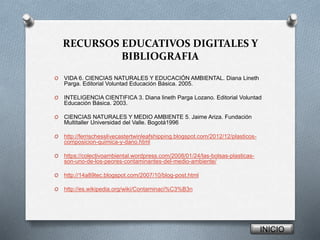 RECURSOS EDUCATIVOS DIGITALES Y 
BIBLIOGRAFIA 
O VIDA 6. CIENCIAS NATURALES Y EDUCACIÓN AMBIENTAL. Diana Lineth 
Parga. Editorial Voluntad Educación Básica. 2005. 
O INTELIGENCIA CIENTIFICA 3. Diana lineth Parga Lozano. Editorial Voluntad 
Educación Básica. 2003. 
O CIENCIAS NATURALES Y MEDIO AMBIENTE 5. Jaime Ariza. Fundación 
Multitaller Universidad del Valle. Bogotá1996 
O http://ferrischesslivecastertwinleafshipping.blogspot.com/2012/12/plasticos-composicion- 
quimica-y-dano.html 
O https://colectivoambiental.wordpress.com/2008/01/24/las-bolsas-plasticas-son- 
uno-de-los-peores-contaminantes-del-medio-ambiente/ 
O http://14a89tec.blogspot.com/2007/10/blog-post.html 
O http://es.wikipedia.org/wiki/Contaminaci%C3%B3n 
INICIO 
 
