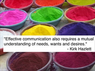 "Effective communication also requires a mutual
understanding of needs, wants and desires."
- Kirk Hazlett
101
 