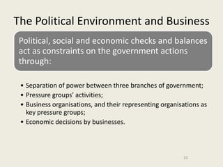 The Political Environment and Business
Political, social and economic checks and balances
act as constraints on the government actions
through:

 • Separation of power between three branches of government;
 • Pressure groups’ activities;
 • Business organisations, and their representing organisations as
   key pressure groups;
 • Economic decisions by businesses.



                                                         10
 