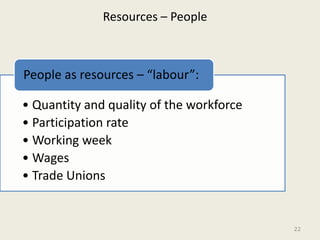 Resources – People



People as resources – “labour”:

• Quantity and quality of the workforce
• Participation rate
• Working week
• Wages
• Trade Unions


                                          22
 