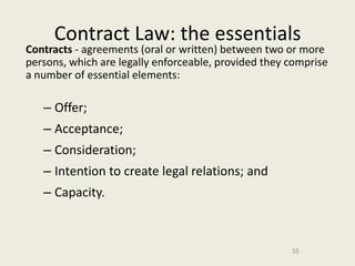 Contract Law: the essentials
Contracts - agreements (oral or written) between two or more
persons, which are legally enforceable, provided they comprise
a number of essential elements:

   – Offer;
   – Acceptance;
   – Consideration;
   – Intention to create legal relations; and
   – Capacity.



                                                      35
 