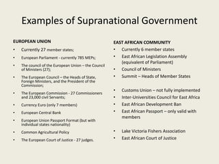 Examples of Supranational Government
EUROPEAN UNION                                        EAST AFRICAN COMMUNITY
•   Currently 27 member states;                       • Currently 6 member states
•   European Parliament - currently 785 MEPs;         • East African Legislation Assembly
                                                         (equivalent of Parliament)
•   The council of the European Union – the Council
    of Ministers (27);                                • Council of Ministers
•   The European Council – the Heads of State,        • Summit – Heads of Member States
    Foreign Ministers, and the President of the
    Commission;
                                                      •   Customs Union – not fully implemented
•   The European Commission - 27 Commissioners
    and 23,000 civil Servants;                        •   Inter-Universities Council for East Africa
•   Currency Euro (only 7 members)                    •   East African Development Ban
•   European Central Bank                             •   East African Passport – only valid with
                                                          members
•   European Union Passport Format (but with
    individual states nationality)
•   Common Agricultural Policy                        •   Lake Victoria Fishers Association
•   The European Court of Justice - 27 judges.        •   East African Court of Justice
 