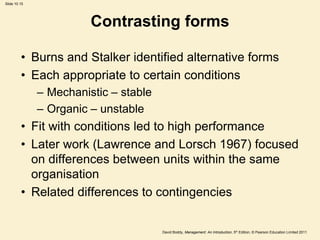 Slide 10.15




                        Contrasting forms

         • Burns and Stalker identified alternative forms
         • Each appropriate to certain conditions
              – Mechanistic – stable
              – Organic – unstable
         • Fit with conditions led to high performance
         • Later work (Lawrence and Lorsch 1967) focused
           on differences between units within the same
           organisation
         • Related differences to contingencies


                                       David Boddy, Management: An Introduction, 5th Edition, © Pearson Education Limited 2011
 
