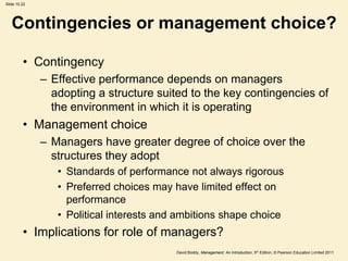 Slide 10.22




   Contingencies or management choice?

         • Contingency
              – Effective performance depends on managers
                adopting a structure suited to the key contingencies of
                the environment in which it is operating
         • Management choice
              – Managers have greater degree of choice over the
                structures they adopt
                 • Standards of performance not always rigorous
                 • Preferred choices may have limited effect on
                   performance
                 • Political interests and ambitions shape choice
         • Implications for role of managers?
                                          David Boddy, Management: An Introduction, 5th Edition, © Pearson Education Limited 2011
 