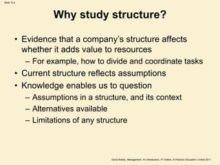 Slide 10.4




                     Why study structure?

         • Evidence that a company’s structure affects
           whether it adds value to resources
             – For example, how to divide and coordinate tasks
         • Current structure reflects assumptions
         • Knowledge enables us to question
             – Assumptions in a structure, and its context
             – Alternatives available
             – Limitations of any structure



                                     David Boddy, Management: An Introduction, 5th Edition, © Pearson Education Limited 2011
 