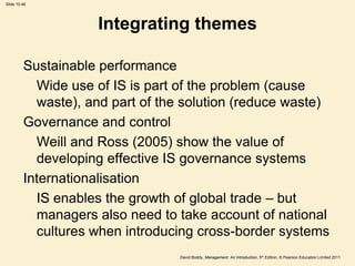 Slide 10.48




                    Integrating themes

         Sustainable performance
           Wide use of IS is part of the problem (cause
           waste), and part of the solution (reduce waste)
         Governance and control
           Weill and Ross (2005) show the value of
           developing effective IS governance systems
         Internationalisation
           IS enables the growth of global trade – but
           managers also need to take account of national
           cultures when introducing cross-border systems
                                  David Boddy, Management: An Introduction, 5th Edition, © Pearson Education Limited 2011
 
