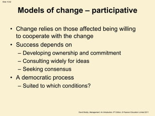 Slide 10.62




              Models of change – participative

         • Change relies on those affected being willing
           to cooperate with the change
         • Success depends on
              – Developing ownership and commitment
              – Consulting widely for ideas
              – Seeking consensus
         • A democratic process
              – Suited to which conditions?



                                      David Boddy, Management: An Introduction, 5th Edition, © Pearson Education Limited 2011
 