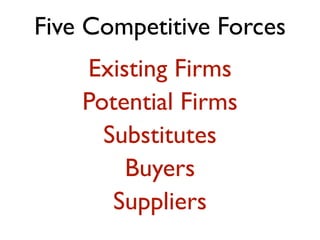Five Competitive Forces 
Existing Firms 
Potential Firms 
Substitutes 
Buyers 
Suppliers 
 