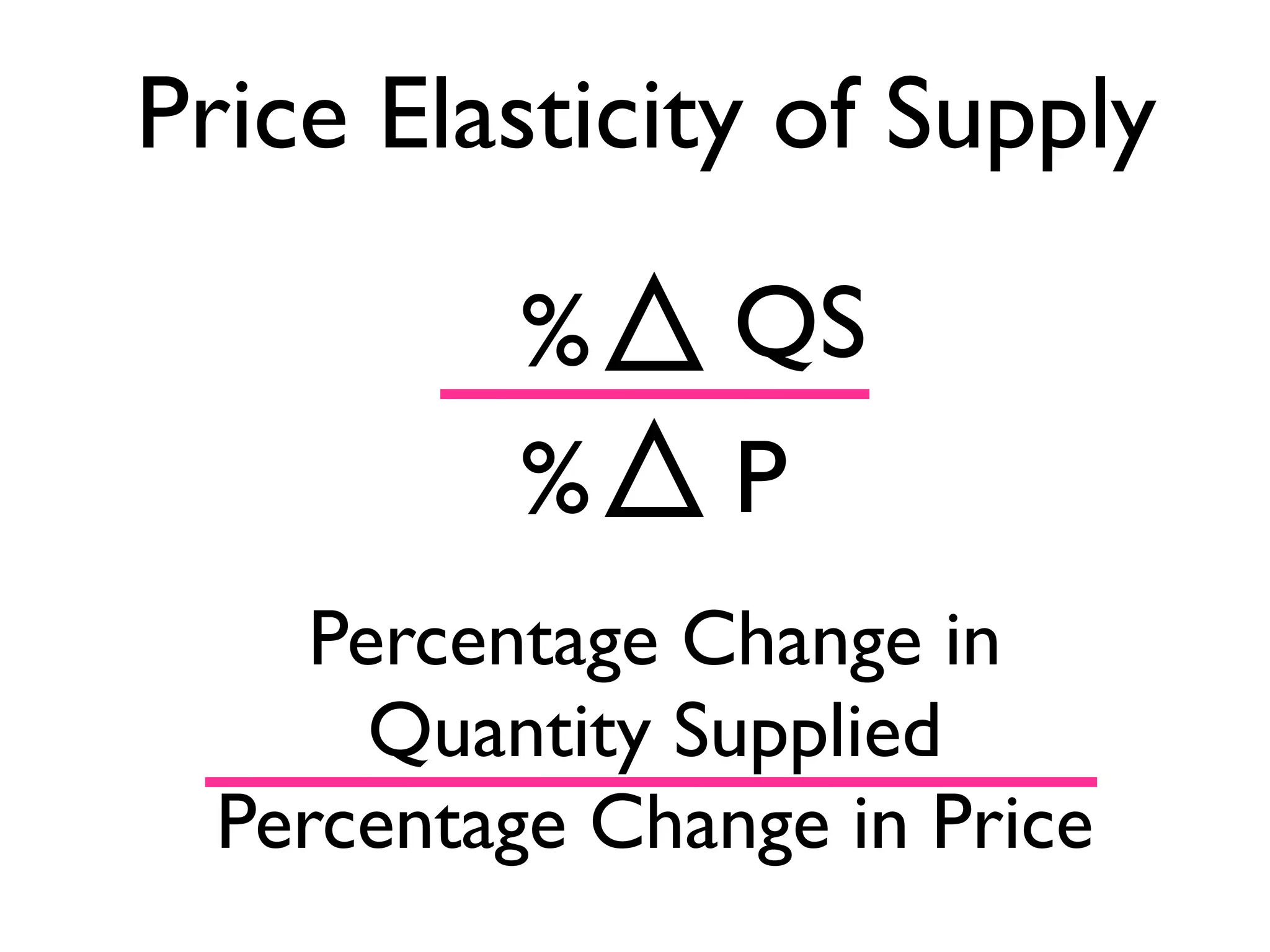 Price Elasticity of Supply
%
%
QS
P
Percentage Change in
Quantity Supplied
Percentage Change in Price
 