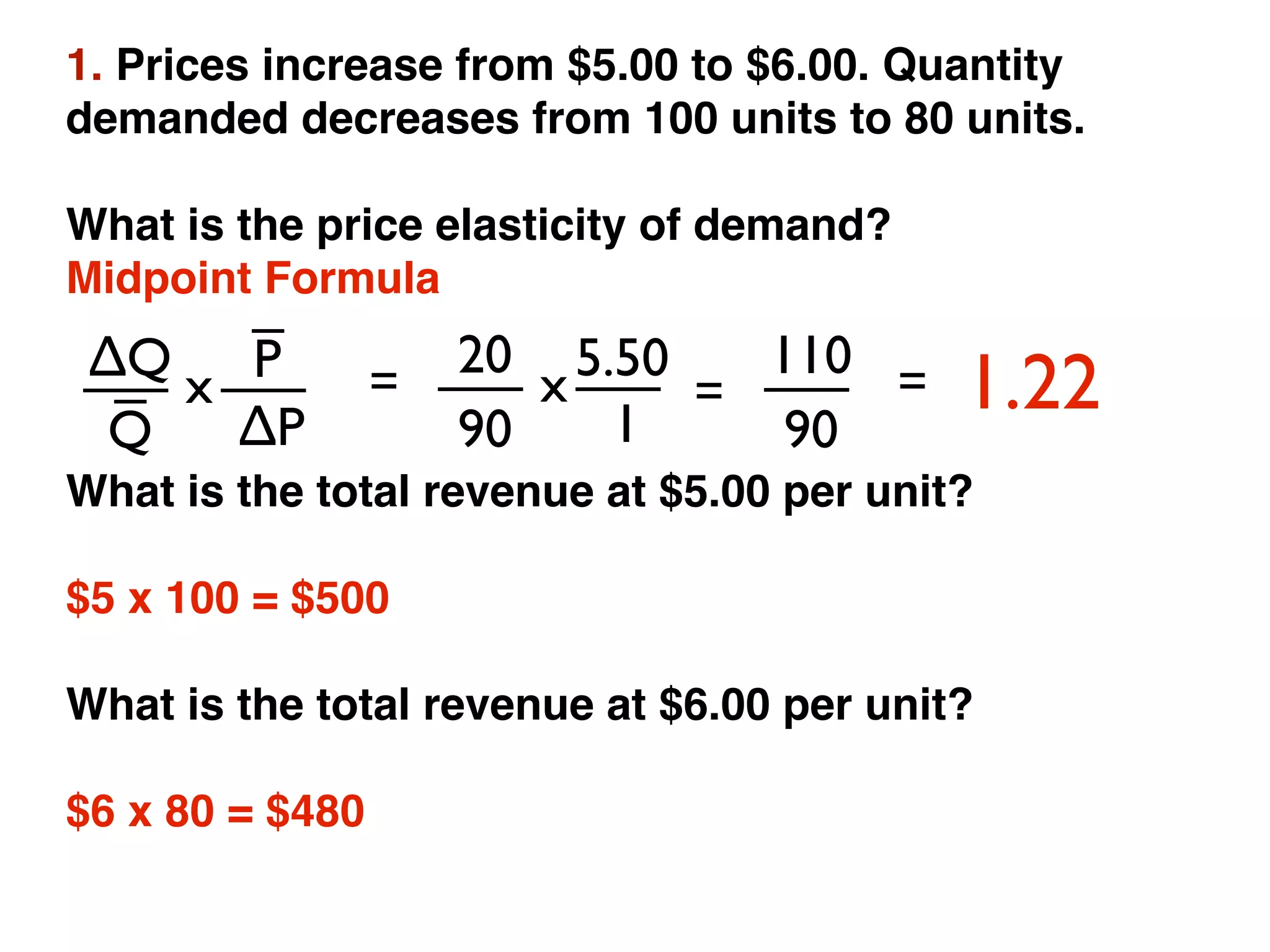 1. Prices increase from $5.00 to $6.00. Quantity
demanded decreases from 100 units to 80 units.
What is the price elasticity of demand?
Midpoint Formula
What is the total revenue at $5.00 per unit?
$5 x 100 = $500
What is the total revenue at $6.00 per unit?
$6 x 80 = $480
∆Q
∆PQ
Px
20
190
5.50x 1.22110
90
= = =
 