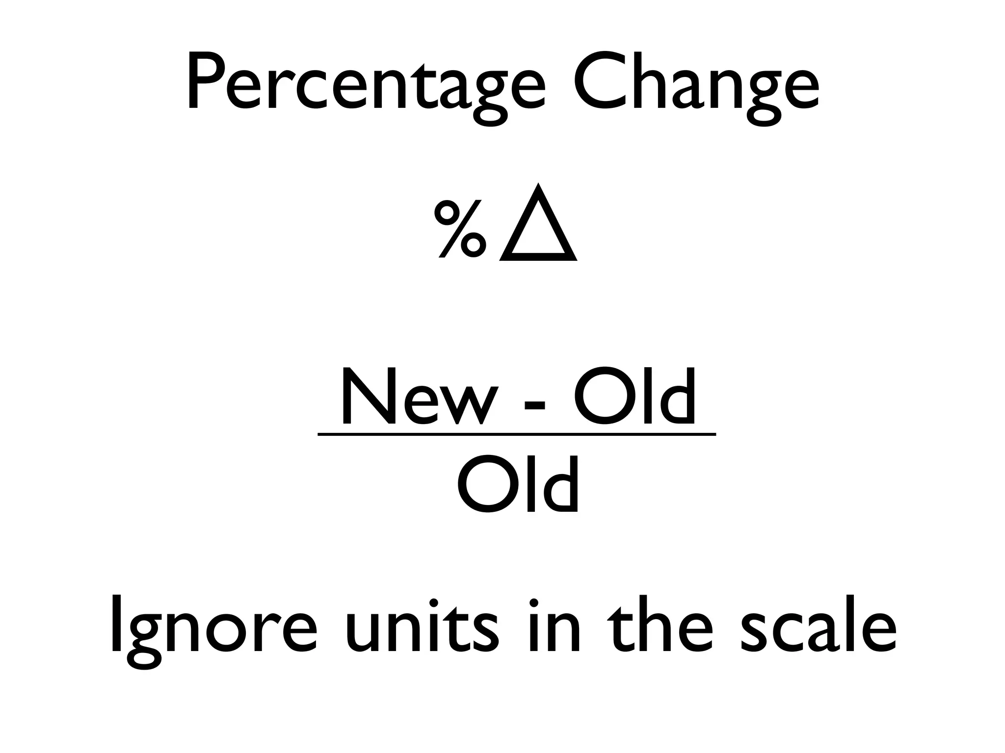 Percentage Change
%
New - Old
Old
Ignore units in the scale
 