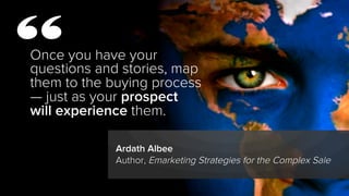 Once you have your
questions and stories, map
them to the buying process
— just as your prospect
will experience them.
Ard...