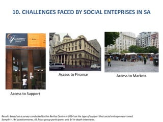 10. CHALLENGES FACED BY SOCIAL ENTEPRISES IN SA
Access to MarketsAccess to Finance
Access to Support
Results based on a survey conducted by the Bertha Centre in 2014 on the type of support that social entrepreneurs need.
Sample = 144 questionnaires, 69 focus group participants and 14 in-depth interviews.
 