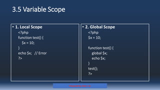 3.5 Variable Scope
• 1. Local Scope
<?php
function test() {
$x = 10;
}
echo $x; // Error
?>
• 2. Global Scope
<?php
$x = 10;
function test() {
global $x;
echo $x;
}
test();
?>
Prepared By: Kale J. N.
 