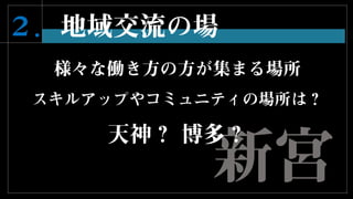 新宮
２．地域交流の場
様々な働き方の方が集まる場所
スキルアップやコミュニティの場所は？
天神？ 博多？
 