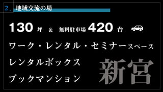 新宮
２．地域交流の場
130 坪 ＆ 無料駐車場 420 台
ワーク・レンタル・セミナースペース
レンタルボックス
ブックマンション
 