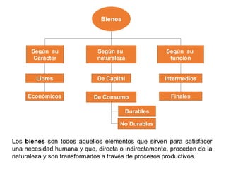 Bienes
Según su
Carácter
Según su
naturaleza
Económicos
Libres Intermedios
Finales
Según su
función
De Consumo
Durables
No Durables
De Capital
Los bienes son todos aquellos elementos que sirven para satisfacer
una necesidad humana y que, directa o indirectamente, proceden de la
naturaleza y son transformados a través de procesos productivos.
 