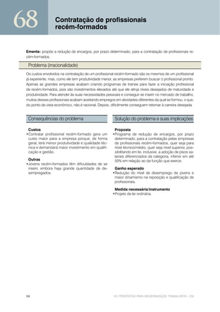 68                 Contratação de profissionais
                   recém-formados


 Ementa: propõe a redução de encargos, por prazo determinado, para a contratação de profissionais re-
 cém-formados.

  Problema (irracionalidade)
 Os custos envolvidos na contratação de um profissional recém-formado são os mesmos de um profissional
 já experiente, mas, como ele tem produtividade menor, as empresas preferem buscar o profissional pronto.
 Apenas as grandes empresas acabam criando programas de trainee para fazer a iniciação profissional
 de recém-formados, pois são investimentos elevados até que ele atinja níveis desejados de maturidade e
 produtividade. Para atender às suas necessidades pessoais e conseguir se inserir no mercado de trabalho,
 muitos desses profissionais acabam aceitando empregos em atividades diferentes da qual se formou, o que,
 do ponto de vista econômico, não é racional. Depois, dificilmente conseguem retornar à carreira desejada.


  Consequências do problema                             Solução do problema e suas implicações

  Custos                                                Proposta
 •Contratar profissional recém-formado gera um         •Programa de redução de encargos, por prazo
  custo maior para a empresa porque, de forma           determinado, para a contratação pelas empresas
  geral, terá menor produtividade e qualidade téc-      de profissionais recém-formados, quer seja para
  nica e demandará maior investimento em qualifi-       nível técnico/médio, quer seja nível superior, pos-
  cação e gestão.                                       sibilitando em lei, inclusive, a adoção de pisos sa-
                                                        lariais diferenciados da categoria, inferior em até
  Outras                                                50% em relação ao da função que exerce.
 •Jovens recém-formados têm dificuldades de se
  inserir, embora haja grande quantidade de de-         Ganho esperado
  sempregados.                                         •Redução do nível de desemprego de jovens e
                                                        maior dinamismo na reposição e qualificação de
                                                        profissionais.

                                                        Medida necessária/instrumento
                                                       •Projeto de lei ordinária.




 98                                                    101 PROPOSTAS PARA MODERNIZAÇÃO TRABALHISTA - CNI
 