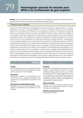 79                Homologação opcional de rescisão para
                  MPEs e de profissionais de grau superior


 Ementa: propõe a simplificação dos procedimentos de homologação da rescisão contratual para empre-
 gados de micro e pequenas empresas e de profissionais de grau superior.

  Problema (irracionalidade)
 O artigo 477 da CLT obriga que a homologação da rescisão contratual cuja vigência superou um ano seja
 feita perante o sindicato ou autoridade do MTE ou da Justiça do Trabalho, sob pena de ser considerada
 inválida. Um dos problemas que motivaram a homologação era garantir que o trabalhador receberia de
 fato as verbas recisórias ao assinar sua saída. Ocorre que há muitas formas de superar essa questão. A
 homologação muitas vezes transforma-se em desconforto ao próprio trabalhador que entende não haver
 nada errado e também não considera ser necessária a assistência de qualquer autoridade no acerto resci-
 sório. No caso de muitos profissionais com maior grau de instrução e posições gerenciais, a homologação
 é vista como algo indesejado. Isso se pode dizer em relação às micro e pequenas empresas e aos micro
 empreendedores individuais, para os quais o trâmite administrativo obrigatório relacionado à homologação
 compromete o bom andamento dos negócios, pois o empregador ou seu preposto (outro empregado) deve
 se afastar das suas funções para participar da homologação. A desobrigação legal da assistência no ato
 rescisório, nesses casos em que o empregador é micro ou pequeno, prestigia a Constituição Federal que
 prevê que as micro e pequenas empresas tenham tratamento diferenciado e favorecido como forma de efi-
 ciência, competitividade, isonomia e sustentabilidade econômica. Além disso, não compromete a garantia
 da exação dos créditos devidos ao empregado, mesmo porque o pagamento feito, com ou sem assistência
 do sindicato ou autoridade, não impede o empregado de reclamar judicialmente eventual lesão a direito.


  Consequências do problema                            Solução do problema e suas implicações

  Custos                                               Proposta
 •A homologação exige tempo e deslocamento dos        •Dispensar a homologação da rescisão contratual
  recursos da empresa para concretizar uma situa-      prevista no artigo 477 da CLT para micro e pe-
  ção que poderá vir a ser contestada.                 quenas empresas, desde que se use o modelo
                                                       de rescisão do MTE e faça o pagamento do va-
  Burocracia                                           lor da rescisão em conta bancária em favor do
 •A rescisão contratual é um procedimento buro-        empregado. Mesmo tratamento seria aplicado a
  crático para micro e pequenas empresas, que          profissionais de grau superior que trabalhem em
  não têm como acompanhar o processo em sua            organizações de qualquer porte.
  plenitude.
                                                       Ganho esperado
  Restrições à produtividade/inovação                 •Rapidez na rescisão contratual e redução de cus-
 •Redução dos níveis de produtividade pela neces-      tos para micro e pequenas empresas e descon-
  sidade de afastamento do empregado e do em-          forto para os trabalhadores.
  pregador.
                                                       Medida necessária/instrumento
                                                      •Projeto de lei ordinária.




 112                                                   101 PROPOSTAS PARA MODERNIZAÇÃO TRABALHISTA - CNI
 