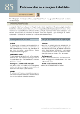 85                  Penhora on-line em execuções trabalhistas

                  ALTO IMPACTO ECONÔMICO


 Ementa: propõe medidas para evitar que a penhora on-line em execuções trabalhistas exceda os valores
 devidos na ação.

  Problema (irracionalidade)
 A Justiça do Trabalho tem utilizado, com frequência, do instituto da penhora on-line para quitação das ações
 trabalhistas. Entretanto, a sistemática para penhora feita pelo Banco Central (Bacen) rastreia todas as contas
 vinculadas ao Cadastro Nacional de Pessoa Jurídica (CNPJ) da empresa e, muitas vezes, as bloqueia. Esse
 fato tem gerado o bloqueio simultâneo de diversas contas das empresas e, por imperfeição do sistema,
 ocasionado a constrição de valores muito superiores aos devidos na ação.


  Consequências do problema                                Solução do problema e suas implicações

  Custos                                                  Proposta
 •O bloqueio das contas em valores superiores ao         •Aprimorar o procedimento de rastreamento de
  da execução levam a empresa a incorrer em cus-          contas efetuado pelo Bacen para evitar que ocor-
  tos financeiros para cumprir suas obrigações e,         ra o bloqueio simultâneo de diversas contas-cor-
  por vezes, em multas e juros relativos a atrasos        rentes das empresas, solicitando a empresa que
  no pagamento de obrigações.                             sinalize no Bacen a ordem de preferência de blo-
                                                          queio de contas até atingir o valor necessário.
  Insegurança jurídica
 •A ausência de um procedimento uniforme de pe-           Ganho esperado
  nhora on- line, com expressa delimitação de suas       •Evitar sufocamento financeiro descabido da em-
  possibilidades, gera insegurança jurídica e risco       presa, permitindo sua melhor gestão e com mais
  para as empresas.                                       segurança jurídica.

  Restrições à produtividade/inovação                     Medida necessária/instrumento
 •Em alguns casos, o bloqueio abrupto de diversas        •Alteração do procedimento do Bacen.
  contas da empresa pode gerar graves problemas
  financeiros, reduzindo a produtividade.

  Outras
 •O sufocamento financeiro descabido pode provo-
  car danos à imagem da empresa frente ao merca-
  do, comprometendo sua sustentabilidade.




 118                                                      101 PROPOSTAS PARA MODERNIZAÇÃO TRABALHISTA - CNI
 
