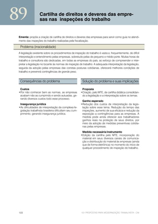 89                 Cartilha de direitos e deveres das empre-
                   sas nas inspeções do trabalho


 Ementa: propõe a criação de cartilha de direitos e deveres das empresas para servir como guia no atendi-
 mento das inspeções do trabalho realizadas pela fiscalização.

  Problema (irracionalidade)
 A legislação existente sobre os procedimentos de inspeção do trabalho é vasta e, frequentemente, de difícil
 interpretação e entendimento pelas empresas, sobretudo pelas de pequeno e médio porte. Muitas horas de
 trabalho e consultoria são dedicadas, em todas as empresas do país, ao esforço de compreender e inter-
 pretar a legislação no tocante às normas de inspeção de trabalho. A adequada interpretação da legislação,
 seguida da adoção pelas empresas das corretas posturas cotidianas, oferecerá melhores condições de
 trabalho e prevenirá contingências de grande peso.


  Consequências do problema                              Solução do problema e suas implicações

  Custos                                                 Proposta
 •Por não conhecer bem as normas, as empresas           •Criação, pelo MTE, de cartilha didática consolidan-
  acabam não as cumprindo e sendo autuadas, ge-          do a legislação e a interpretação sobre os temas.
  rando diversos custos todo esse processo.
                                                         Ganho esperado
  Insegurança jurídica                                  •Redução dos custos de interpretação da legis-
 •As dificuldades de interpretação da complexa le-       lação sobre esse tema. Redução do tempo das
  gislação trabalhista brasileira dificultam seu cum-    inspeções, aumento de sua eficácia e redução da
  primento, gerando insegurança jurídica.                exposição a contingências para as empresas. A
                                                         medida pode ainda oferecer aos trabalhadores
                                                         ganhos reais na proteção de seus direitos, por
                                                         meio da adoção de medidas preventivas cotidia-
                                                         nas pelas empresas.

                                                         Medida necessária/instrumento
                                                        •Edição da cartilha pelo MTE, incorporação do
                                                         material em seus diversos canais de comunica-
                                                         ção e distribuição do material às empresas (ainda
                                                         que de forma eletrônica) no momento do início de
                                                         qualquer procedimento de inspeção do trabalho.




 122                                                    101 PROPOSTAS PARA MODERNIZAÇÃO TRABALHISTA - CNI
 