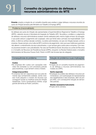 91                  Conselho de julgamento de defesas e
                    recursos administrativos do MTE


 Ementa: propõe a criação de um conselho tripartite para analisar e julgar defesas e recursos oriundos de
 autos de infração lavrados pelo Ministério do Trabalho e Emprego (MTE).

  Problema (irracionalidade)
 As defesas aos autos de infração são apresentadas à Superintendência Regional do Trabalho e Emprego
 (SRTE), cabendo recurso à Secretaria de Inspeção do Trabalho (SIT). Na prática, a análise e o julgamento
 de defesas e recursos administrativos acabam sendo realizados pelo mesmo órgão emissor da autuação,
 o que pode colocar o julgamento sob suspeição, visto que ferido está o princípio da imparcialidade. Com
 efeito, é difícil se verificar decisão contrária, na esfera administrativa, do auto de infração lavrado contra a
 empresa. Quase sempre uma multa da SRT é sinônimo de pagamento, visto que suas instâncias superiores
 não alteram o entendimento de seus subordinados, o que sempre gera custos para a empresa. Com isso,
 os processos tendem a ser judicializados. No caso da Previdência Social, ela possui as Juntas de Recursos
 e o Conselho de Recursos da Previdência Social (CRPS), enquanto na Receita Federal existe o Conselho
 Administrativo de Recursos Fiscais (Carf). Porém no MTE não há esse tipo de colegiado.


  Consequências do problema                                 Solução do problema e suas implicações

  Custos                                                   Proposta
 •As empresas têm custos com autuações inde-              •Criação de um conselho tripartite de julgamen-
  vidas não revisadas ou com processos judiciais           to de defesas e recursos administrativos nos
  para revertê-las, o que também onera o Estado.           moldes do CRPS.

  Insegurança jurídica                                     Ganho esperado
 •A empresa não tem segurança que sua justa de-           •Ampliação da análise das defesas e recursos ad-
  manda seja corretamente avaliada, sendo inclu-           ministrativos, com participação de representantes
  sive muito pequeno o número de recursos que              dos trabalhadores e das empresas, além do pró-
  conseguem anular ou modificar autos de infração          prio MTE, com consequente redução de deman-
  trabalhistas. Como consequência indireta, surge          das judiciais.
  grande demanda ao Poder Judiciário.
                                                           Medida necessária/instrumento
                                                          •Projeto de lei ordinária.




 124                                                       101 PROPOSTAS PARA MODERNIZAÇÃO TRABALHISTA - CNI
 