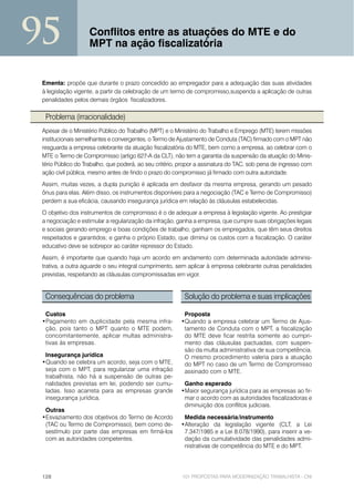 95                 Conflitos entre as atuações do MTE e do
                   MPT na ação fiscalizatória


 Ementa: propõe que durante o prazo concedido ao empregador para a adequação das suas atividades
 à legislação vigente, a partir da celebração de um termo de compromisso,suspenda a aplicação de outras
 penalidades pelos demais órgãos fiscalizadores.

  Problema (irracionalidade)
 Apesar de o Ministério Público do Trabalho (MPT) e o Ministério do Trabalho e Emprego (MTE) terem missões
 institucionais semelhantes e convergentes, o Termo de Ajustamento de Conduta (TAC) firmado com o MPT não
 resguarda a empresa celebrante da atuação fiscalizatória do MTE, bem como a empresa, ao celebrar com o
 MTE o Termo de Compromisso (artigo 627-A da CLT), não tem a garantia da suspensão da atuação do Minis-
 tério Público do Trabalho, que poderá, ao seu critério, propor a assinatura do TAC, sob pena de ingresso com
 ação civil pública, mesmo antes de findo o prazo do compromisso já firmado com outra autoridade.
 Assim, muitas vezes, a dupla punição é aplicada em desfavor da mesma empresa, gerando um pesado
 ônus para elas. Além disso, os instrumentos disponíveis para a negociação (TAC e Termo de Compromisso)
 perdem a sua eficácia, causando insegurança jurídica em relação às cláusulas estabelecidas.
 O objetivo dos instrumentos de compromisso é o de adequar a empresa à legislação vigente. Ao prestigiar
 a negociação e estimular a regularização da infração, ganha a empresa, que cumpre suas obrigações legais
 e sociais gerando emprego e boas condições de trabalho; ganham os empregados, que têm seus direitos
 respeitados e garantidos; e ganha o próprio Estado, que diminui os custos com a fiscalização. O caráter
 educativo deve se sobrepor ao caráter repressor do Estado.
 Assim, é importante que quando haja um acordo em andamento com determinada autoridade adminis-
 trativa, a outra aguarde o seu integral cumprimento, sem aplicar à empresa celebrante outras penalidades
 previstas, respeitando as cláusulas compromissadas em vigor.


  Consequências do problema                               Solução do problema e suas implicações

  Custos                                                 Proposta
 •Pagamento em duplicidade pela mesma infra-            •Quando a empresa celebrar um Termo de Ajus-
  ção, pois tanto o MPT quanto o MTE podem,              tamento de Conduta com o MPT, a fiscalização
  concomitantemente, aplicar multas administra-          do MTE deve ficar restrita somente ao cumpri-
  tivas às empresas.                                     mento das cláusulas pactuadas, com suspen-
                                                         são da multa administrativa de sua competência.
  Insegurança jurídica                                   O mesmo procedimento valeria para a atuação
 •Quando se celebra um acordo, seja com o MTE,           do MPT no caso de um Termo de Compromisso
  seja com o MPT, para regularizar uma infração          assinado com o MTE.
  trabalhista, não há a suspensão de outras pe-
  nalidades previstas em lei, podendo ser cumu-          Ganho esperado
  ladas. Isso acarreta para as empresas grande          •Maior segurança jurídica para as empresas ao fir-
  insegurança jurídica.                                  mar o acordo com as autoridades fiscalizadoras e
                                                         diminuição dos conflitos judiciais.
  Outras
 •Esvaziamento dos objetivos do Termo de Acordo          Medida necessária/instrumento
  (TAC ou Termo de Compromisso), bem como de-           •Alteração da legislação vigente (CLT, a Lei
  sestímulo por parte das empresas em firmá-los          7.347/1985 e a Lei 8.078/1990), para inserir a ve-
  com as autoridades competentes.                        dação da cumulatividade das penalidades admi-
                                                         nistrativas de competência do MTE e do MPT.




 128                                                     101 PROPOSTAS PARA MODERNIZAÇÃO TRABALHISTA - CNI
 