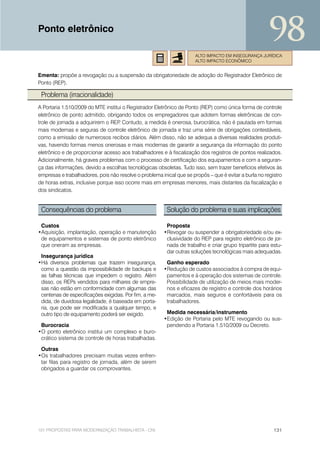 Ponto eletrônico
                                                                                                       98
                                                                      ALTO IMPACTO EM INSEGURANÇA JURÍDICA
                                                                      ALTO IMPACTO ECONÔMICO


Ementa: propõe a revogação ou a suspensão da obrigatoriedade de adoção do Registrador Eletrônico de
Ponto (REP).

 Problema (irracionalidade)
A Portaria 1.510/2009 do MTE institui o Registrador Eletrônico de Ponto (REP) como única forma de controle
eletrônico de ponto admitido, obrigando todos os empregadores que adotem formas eletrônicas de con-
trole de jornada a adquirirem o REP Contudo, a medida é onerosa, burocrática, não é pautada em formas
                                    .
mais modernas e seguras de controle eletrônico de jornada e traz uma série de obrigações contestáveis,
como a emissão de numerosos recibos diários. Além disso, não se adequa a diversas realidades produti-
vas, havendo formas menos onerosas e mais modernas de garantir a segurança da informação do ponto
eletrônico e de proporcionar acesso aos trabalhadores e à fiscalização dos registros de pontos realizados.
Adicionalmente, há graves problemas com o processo de certificação dos equipamentos e com a seguran-
ça das informações, devido a escolhas tecnológicas obsoletas. Tudo isso, sem trazer benefícios efetivos às
empresas e trabalhadores, pois não resolve o problema inical que se propôs – que é evitar a burla no registro
de horas extras, inclusive porque isso ocorre mais em empresas menores, mais distantes da fiscalização e
dos sindicatos.


 Consequências do problema                               Solução do problema e suas implicações

 Custos                                                  Proposta
•Aquisição, implantação, operação e manutenção          •Revogar ou suspender a obrigatoriedade e/ou ex-
 de equipamentos e sistemas de ponto eletrônico          clusividade do REP para registro eletrônico de jor-
 que oneram as empresas.                                 nada de trabalho e criar grupo tripartite para estu-
                                                         dar outras soluções tecnológicas mais adequadas.
 Insegurança jurídica
•Há diversos problemas que trazem insegurança,           Ganho esperado
 como a questão da impossibilidade de backups e         •Redução de custos associados à compra de equi-
 as falhas técnicas que impedem o registro. Além         pamentos e à operação dos sistemas de controle.
 disso, os REPs vendidos para milhares de empre-         Possibilidade de utilização de meios mais moder-
 sas não estão em conformidade com algumas das           nos e eficazes de registro e controle dos horários
 centenas de especificações exigidas. Por fim, a me-     marcados, mais seguros e confortáveis para os
 dida, de duvidosa legalidade, é baseada em porta-       trabalhadores.
 ria, que pode ser modificada a qualquer tempo, e
 outro tipo de equipamento poderá ser exigido.           Medida necessária/instrumento
                                                        •Edição de Portaria pelo MTE revogando ou sus-
 Burocracia                                              pendendo a Portaria 1.510/2009 ou Decreto.
•O ponto eletrônico institui um complexo e buro-
 crático sistema de controle de horas trabalhadas.

 Outras
•Os trabalhadores precisam muitas vezes enfren-
 tar filas para registro de jornada, além de serem
 obrigados a guardar os comprovantes.




101 PROPOSTAS PARA MODERNIZAÇÃO TRABALHISTA - CNI                                                        131
 