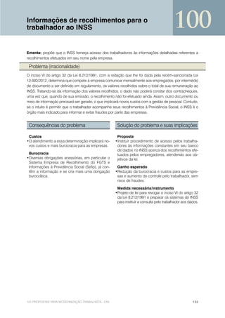 Informações de recolhimentos para o
trabalhador ao INSS                                                                       100
Ementa: propõe que o INSS forneça acesso dos trabalhadores às informações detalhadas referentes a
recolhimentos efetuados em seu nome pela empresa.

 Problema (irracionalidade)
O inciso VI do artigo 32 da Lei 8.212/1991, com a redação que lhe foi dada pela recém-sancionada Lei
12.692/2012, determina que compete à empresa comunicar mensalmente aos empregados, por intermédio
de documento a ser definido em regulamento, os valores recolhidos sobre o total de sua remuneração ao
INSS. Tratando-se da informação dos valores recolhidos, o dado não poderá constar dos contracheques,
uma vez que, quando de sua emissão, o recolhimento não foi efetuado ainda. Assim, outro documento ou
meio de informação precisará ser gerado, o que implicará novos custos com a gestão de pessoal. Contudo,
se o intuito é permitir que o trabalhador acompanhe seus recolhimentos à Previdência Social, o INSS é o
órgão mais indicado para informar e evitar fraudes por parte das empresas.


 Consequências do problema                            Solução do problema e suas implicações

 Custos                                               Proposta
•O atendimento a essa determinação implicará no-     •Instituir procedimento de acesso pelos trabalha-
 vos custos e mais burocracia para as empresas.       dores às informações constantes em seu banco
                                                      de dados no INSS acerca dos recolhimentos efe-
 Burocracia                                           tuados pelos empregadores, atendendo aos ob-
•Diversas obrigações acessórias, em particular o      jetivos da lei.
 Sistema Empresa de Recolhimento do FGTS e
 Informações à Previdência Social (Sefip), já con-    Ganho esperado
 têm a informação e se cria mais uma obrigação       •Redução da burocracia e custos para as empre-
 burocrática.                                         sas e aumento do controle pelo trabalhador, sem
                                                      risco de fraudes.

                                                      Medida necessária/instrumento
                                                     •Projeto de lei para revogar o inciso VI do artigo 32
                                                      da Lei 8.212/1991 e preparar os sistemas do INSS
                                                      para instituir a consulta pelo trabalhador aos dados.




101 PROPOSTAS PARA MODERNIZAÇÃO TRABALHISTA - CNI                                                      133
 