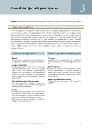 Intervalo intrajornada para repouso
                                                                                                          3
Ementa: propõe explicitar a possibilidade de redução do intervalo intrajornada mediante negociação coletiva.


 Problema (irracionalidade)
Muitos empregados e empregadores, representados por seus sindicatos, adequando suas necessidades e
seus interesses, ajustaram a redução do período de intervalo intrajornada mediante convenção ou acordo
coletivo de trabalho. Em geral, os trabalhadores preferem manter o intervalo menor, como muitas vezes era
feito nas últimas décadas para poder sair mais cedo do trabalho ou ter mais dias de folga. Embora essa
alternativa tenha previsão em portaria do MTE, o Poder Judiciário tem decidido que a portaria é inválida e
tem condenado as empresas a pagar o período de redução do intervalo como hora extra. Adicionalmente,
muitas atividades têm características que tornam indesejável e até inviável um intervalo fixo mínimo. En-
tretanto, o TST modificou recentemente a Súmula 437 para proibir a redução por negociação coletiva em
qualquer atividade.


 Consequências do problema                               Solução do problema e suas implicações

 Custos                                                 Proposta
•Remuneração integral do intervalo como hora ex-       •Explicitar em lei a possibilidade de redução do
 tra e passivos decorrentes de ações trabalhistas.      intervalo intrajornada mediante negociação cole-
                                                        tiva.
 Insegurança jurídica
•A negociação coletiva do intervalo intrajornada        Ganho esperado
 está constantemente sob o risco de anulação           •Redução de custos e maior segurança jurídica.
 pelo Judiciário, não obstante a necessidade de         Para os trabalhadores, a proposta possibilita a
 trabalhadores e empresas e a natureza histórica        adequação de seus interesses, já que a redução
 dessa negociação, baseando em questionáveis            do intervalo intrajornada é, usualmente, um pleito
 argumentos sobre aspectos de saúde e seguran-          deles próprios.
 ça do trabalho.
                                                        Medida necessária/instrumento
 Restrições à produtividade/inovação                   •Projeto de lei para alteração do § 3º do artigo 71
•Em muitos casos são necessários turnos adicio-         da CLT.
 nais de trabalho, o que implica mobilização da
 empresa e dos trabalhadores.

 Outras
•O entendimento desprestigia convenções e acor-
 dos coletivos, ampliando a tutela sobre os sindi-
 catos e até sobre os juízes e auditores que não
 mais podem avaliar a pertinência do acordo.
•Cria desconforto para o trabalhador e maior difi-
 culdade de gerir seu tempo.




101 PROPOSTAS PARA MODERNIZAÇÃO TRABALHISTA - CNI                                                        23
 