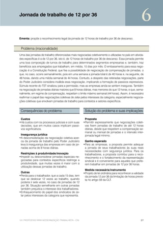 Jornada de trabalho de 12 por 36
                                                                                                        6
Ementa: propõe o reconhecimento legal da jornada de 12 horas de trabalho por 36 de descanso.


 Problema (irracionalidade)
Uma das jornadas de trabalho diferenciadas mais negociadas coletivamente e utilizadas no país em ativida-
des específicas é a de 12 por 36, isto é, de 12 horas de trabalho por 36 de descanso. Essa jornada permite
uma boa composição de turnos de trabalho para determinados segmentos empresarias e, também, traz
benefícios aos empregados que trabalham, em média, 15 dias por mês. O embasamento para essa nego-
ciação é a Constituição Federal, que fixa a possibilidade de negociação de compensação de jornadas, o
que, no caso, ocorre semanalmente, pois em uma semana a jornada total é de 40 horas e, na seguinte, de
48 horas, dando uma média semanal de 44 horas. Contudo, a despeito das reiteradas negociações, parte
do Poder Judiciário considera inválida essa negociação, implicando a formação de passivos expressivos.
Súmula recente do TST sinalizou para a permissão, mas as empresas ainda se sentem inseguras. Também
na negociação de jornadas diárias maiores que 8 horas diárias, mas menores do que 12 horas, e que, sema-
nalmente, em regime de compensação, respeitam o limite máximo semanal (44 horas). Assim, é necessário
reafirmar o papel das negociações coletivas de zelar pelos interesses da categoria, especialmente negocia-
ções coletivas que envolvam jornadas de trabalho para contextos e setores específicos.


 Consequências do problema                             Solução do problema e suas implicações

 Custos                                                Proposta
•Há custos com os processos judiciais e com suas      •Permitir expressamente que negociações coleti-
 decisões, que em muitos casos implicam passi-         vas fixem jornadas de trabalho de até 12 horas
 vos significativos.                                   diárias, desde que respeitem a compensação se-
                                                       manal ou mensal de jornadas e o intervalo inter-
 Insegurança jurídica                                  jornada legal mínimo.
•A desconsideração da negociação coletiva acer-
 ca da jornada de trabalho pelo Poder Judiciário       Ganho esperado
 leva à insegurança das empresas em caso de jor-      •Para as empresas, a proposta permite adequar
 nadas acima de 8 horas diárias.                       a jornada de seus trabalhadores às suas reais
                                                       necessidades com segurança jurídica. Para os
 Restrições à produtividade/inovação                   trabalhadores, a proposta contribui para o reco-
•Impedir ou desconsiderar jornadas especiais ne-       nhecimento e o fortalecimento da representação
 gociadas para contextos específicos restringe a       sindical e é conveniente para aqueles que prefe-
 produtividade, que muitas vezes é maior com a         rem trabalhar em jornadas de 12 por 36 horas.
 utilização dessas jornadas de trabalho.
                                                       Medida necessária/instrumento
 Outras                                               •Projeto de lei ordinária para reconhecer a validade
•Perda para o trabalhador, que a cada 15 dias, tem     da jornada 12 por 36 da limitação de horas previs-
 que se deslocar 12 vezes ao trabalho, quando          ta no artigo 59 da CLT.
 poderia ir sete vezes, no caso de jornadas de 12
 por 36. Situação semelhante em outras jornadas
 também prejudica o interesse dos trabalhadores.
•Enfraquecimento do papel dos sindicatos de ze-
 lar pelos interesses da categoria que representa.




101 PROPOSTAS PARA MODERNIZAÇÃO TRABALHISTA - CNI                                                      27
 
