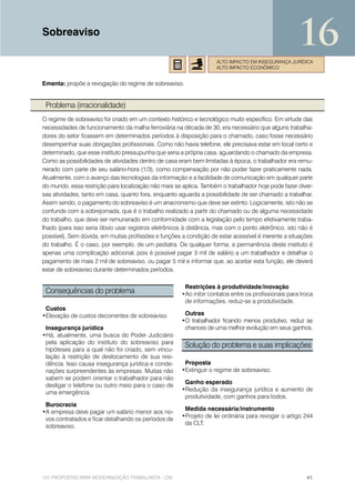 Sobreaviso
                                                                                                      16
                                                                     ALTO IMPACTO EM INSEGURANÇA JURÍDICA
                                                                     ALTO IMPACTO ECONÔMICO


Ementa: propõe a revogação do regime de sobreaviso.


 Problema (irracionalidade)
O regime de sobreaviso foi criado em um contexto histórico e tecnológico muito específico. Em virtude das
necessidades de funcionamento da malha ferroviária na década de 30, era necessário que alguns trabalha-
dores do setor ficassem em determinados períodos à disposição para o chamado, caso fosse necessário
desempenhar suas obrigações profissionais. Como não havia telefone, ele precisava estar em local certo e
determinado, que esse instituto pressupunha que seria a própria casa, aguardando o chamado da empresa.
Como as possibilidades de atividades dentro de casa eram bem limitadas à época, o trabalhador era remu-
nerado com parte de seu salário-hora (1/3), como compensação por não poder fazer praticamente nada.
Atualmente, com o avanço das tecnologias da informação e a facilidade de comunicação em qualquer parte
do mundo, essa restrição para localização não mais se aplica. Também o trabalhador hoje pode fazer diver-
sas atividades, tanto em casa, quanto fora, enquanto aguarda a possibilidade de ser chamado a trabalhar.
Assim sendo, o pagamento do sobreaviso é um anacronismo que deve ser extinto. Logicamente, isto não se
confunde com a sobrejornada, que é o trabalho realizado a partir do chamado ou de alguma necessidade
do trabalho, que deve ser remunerado em conformidade com a legislação pelo tempo efetivamente traba-
lhado (para isso seria óbvio usar registros eletrônicos à distância, mas com o ponto eletrônico, isto não é
possível). Sem dúvida, em muitas profissões e funções a condição de estar acessível é inerente a situações
do trabalho. É o caso, por exemplo, de um pediatra. De qualquer forma, a permanência deste instituto é
apenas uma complicação adicional, pois é possível pagar 3 mil de salário a um trabalhador e detalhar o
pagamento de mais 2 mil de sobreaviso, ou pagar 5 mil e informar que, ao aceitar esta função, ele deverá
estar de sobreaviso durante determinados períodos.

                                                        Restrições à produtividade/inovação
 Consequências do problema                             •Ao inibir contatos entre os profissionais para troca
                                                        de informações, reduz-se a produtividade.
 Custos
•Elevação de custos decorrentes de sobreaviso.          Outras
                                                       •O trabalhador ficando menos produtivo, reduz as
 Insegurança jurídica                                   chances de uma melhor evolução em seus ganhos.
•Há, atualmente, uma busca do Poder Judiciário
 pela aplicação do instituto do sobreaviso para
                                                        Solução do problema e suas implicações
 hipóteses para a qual não foi criado, sem vincu-
 lação à restrição de deslocamento de sua resi-
 dência. Isso causa insegurança jurídica e conde-       Proposta
 nações surpreendentes às empresas. Muitas não         •Extinguir o regime de sobreaviso.
 sabem se podem orientar o trabalhador para não
                                                        Ganho esperado
 desligar o telefone ou outro meio para o caso de
                                                       •Redução da insegurança jurídica e aumento de
 uma emergência.
                                                        produtividade, com ganhos para todos.
 Burocracia
                                                        Medida necessária/instrumento
•A empresa deve pagar um salário menor aos no-
                                                       •Projeto de lei ordinária para revogar o artigo 244
 vos contratados e ficar detalhando os períodos de
                                                        da CLT.
 sobreaviso.




101 PROPOSTAS PARA MODERNIZAÇÃO TRABALHISTA - CNI                                                        41
 