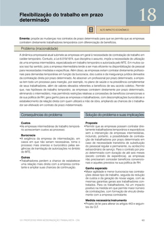 Flexibilização do trabalho em prazo
determinado                                                                                           18
                                                                     ALTO IMPACTO ECONÔMICO


Ementa: propõe as mudanças nos contratos de prazo determinado para que se permita que as empresas
contratem diretamente trabalhadores temporários com diferenciação de benefícios.

 Problema (irracionalidade)
A dinâmica empresarial atual submete as empresas em geral à necessidade de contratação de trabalho em
caráter temporário. Contudo, a Lei 6.019/1974, que disciplina o assunto, impõe a necessidade de utilização
de uma empresa intermediária, especializada em trabalho temporário e autorizada pelo MTE. Em muitos ca-
sos isso faz sentido, pois a empresa intermediária tende a ser mais eficiente na disponibilização de pessoal
para necessidades imediatas e específicas. Além disso, as empresas evitam contratar diretamente profissio-
nais para demandas temporárias em função da burocracia, dos custos e da insegurança jurídica derivados
da contratação direta por prazo determinado. Ao absorver um profissional por prazo determinado, a empre-
sa tem todo um processo para inserção, por exemplo, no plano de saúde e na previdência complementar
de seus trabalhadores, além de valores elevados referentes a benefícios de seu acordo coletivo. Permitir
que, nas hipóteses de trabalho temporário, as empresas contratem diretamente por prazo determinado,
eliminando o intermediário, mas permitindo restrições relativas a concessões de benefícios convencionais e
de sua política de RH, gera ganho para as empresas e trabalhadores, com descomplicações burocráticas e
estabelecimento de relação direta com quem utilizará a mão de obra, ampliando as chances de o trabalha-
dor ser efetivado em contrato de prazo indeterminado.


 Consequências do problema                               Solução do problema e suas implicações

 Custos                                                 Proposta
•As empresas intermediárias de trabalho temporá-       •Permitir que as empresas possam contratar dire-
 rio acrescentam custos ao processo.                    tamente trabalhadores temporários e esporádicos
                                                        sem a intervenção de empresas intermediárias,
 Burocracia                                             incluindo, portanto, a possibilidade de contrata-
•A exigência da empresa de intermediação, em            ção de trabalhadores por prazo determinado em
 casos em que não seriam necessárias, torna o           caso de necessidade transitória de substituição
 processo mais oneroso e burocrático pelas exi-         do pesssoal regular e permanente, ou acréscimo
 gências de tramitação de autorizações no âmbito        extraordinário de serviço. Para o contrato por pra-
 do MTE.                                                zo determinado com duração de até seis meses
                                                        (exceto contrato de experiência), as empresas
 Outras
                                                        não precisariam conceder benefícios convencio-
•Trabalhadores perdem a chance de estabelecer
                                                        nais e aqueles previstos na sua política de RH.
 uma relação mais direta com a empresa contra-
 tante e ampliar suas chances de continuação.           Ganho esperado
                                                       •Maior agilidade e menor burocracia nas contrata-
                                                        ções desse tipo de trabalho, seguida da redução
                                                        de custos e da geração de novas vagas, com as
                                                        mesmas garantias gerais aos trabalhadores con-
                                                        tratados. Para os trabalhadores, há um impacto
                                                        positivo na medida em que permite maior número
                                                        de contratações, com formação de vínculo direta-
                                                        mente com a empresa contratante.

                                                        Medida necessária/instrumento
                                                       •Projeto de lei para alterar os artigos 443 e seguin-
                                                        tes da CLT.



101 PROPOSTAS PARA MODERNIZAÇÃO TRABALHISTA - CNI                                                        43
 