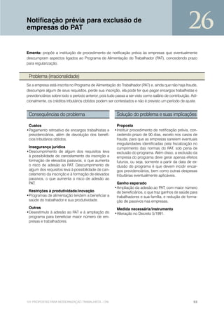 Notificação prévia para exclusão de
empresas do PAT                                                                                        26
Ementa: propõe a instituição de procedimento de notificação prévia às empresas que eventualmente
descumpram aspectos ligados ao Programa de Alimentação do Trabalhador (PAT), concedendo prazo
para regularização.


 Problema (irracionalidade)
Se a empresa está inscrita no Programa de Alimentação do Trabalhador (PAT) e, ainda que não haja fraude,
descumpre algum de seus requisitos, perde sua inscrição, ela pode ter que pagar encargos trabalhistas e
previdenciários sobre todo o período anterior, pois tudo passa a ser visto como salário de contribuição. Adi-
cionalmente, os créditos tributários obtidos podem ser contestados e não é previsto um período de ajuste.


 Consequências do problema                               Solução do problema e suas implicações

 Custos                                                  Proposta
•Pagamento retroativo de encargos trabalhistas e        •Instituir procedimento de notificação prévia, con-
 previdenciários, além de devolução dos benefí-          cedendo prazo de 90 dias, exceto nos casos de
 cios tributários obtidos.                               fraude, para que as empresas saneiem eventuais
                                                         irregularidades identificadas pela fiscalização no
 Insegurança jurídica                                    cumprimento das normas do PAT, sob pena de
•Descumprimento de algum dos requisitos leva             exclusão do programa. Além disso, a exclusão da
 à possibilidade de cancelamento da inscrição e          empresa do programa deve gerar apenas efeitos
 formação de elevados passivos, o que aumenta            futuros, ou seja, somente a partir da data de ex-
 o risco de adesão ao PAT. Descumprimento de             clusão do programa é que devem incidir encar-
 algum dos requisitos leva à possibilidade de can-       gos previdenciários, bem como outras despesas
 celamento da inscrição e à formação de elevados         tributárias eventualmente aplicáveis.
 passivos, o que aumenta o risco de adesão ao
 PAT.                                                    Ganho esperado
                                                        •Ampliação da adesão ao PAT, com maior número
 Restrições à produtividade/inovação                     de beneficiários, o que traz ganhos de saúde para
•Programas de alimentação tendem a beneficiar a          trabalhadores e sua família, e redução de forma-
 saúde do trabalhador e sua produtividade.               ção de passivos nas empresas.
 Outras                                                  Medida necessária/instrumento
•Desestímulo à adesão ao PAT e à ampliação do           •Alteração no Decreto 5/1991.
 programa para beneficiar maior número de em-
 presas e trabalhadores.




101 PROPOSTAS PARA MODERNIZAÇÃO TRABALHISTA - CNI                                                         53
 