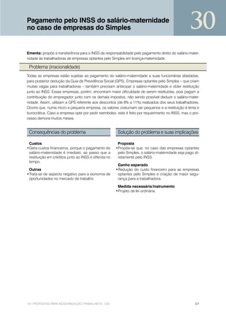 Pagamento pelo INSS do salário-maternidade
no caso de empresas do Simples                                                                     30
Ementa: propõe a transferência para o INSS da responsabilidade pelo pagamento direto do salário-mater-
nidade às trabalhadoras de empresas optantes pelo Simples em licença-maternidade.

 Problema (irracionalidade)
Todas as empresas estão sujeitas ao pagamento do salário-maternidade a suas funcionárias afastadas,
para posterior dedução da Guia de Previdência Social (GPS). Empresas optantes pelo Simples – que criam
muitas vagas para trabalhadoras – também precisam antecipar o salário-maternidade e obter restituição
junto ao INSS. Essas empresas, porém, encontram maior dificuldade de serem restituídas, pois pagam a
contribuição do empregador junto com os demais impostos, não sendo possível deduzir o salário-mater-
nidade. Assim, utilizam a GPS referente aos descontos (de 8% a 11%) realizados dos seus trabalhadores.
Ocorre que, numa micro e pequena empresa, os valores costumam ser pequenos e a restituição é lenta e
burocrática. Caso a empresa opte por pedir reembolso, este é feito por requerimento no INSS, mas o pro-
cesso demora muitos meses.


 Consequências do problema                              Solução do problema e suas implicações

 Custos                                                 Proposta
•Gera custos financeiros, porque o pagamento do        •Propõe-se que, no caso das empresas optantes
 salário-maternidade é imediato, ao passo que a         pelo Simples, o salário-maternidade seja pago di-
 restituição em créditos junto ao INSS é diferida no    retamente pelo INSS.
 tempo.
                                                        Ganho esperado
 Outras                                                •Redução do custo financeiro para as empresas
•Trata-se de aspecto negativo para a isonomia de        optantes pelo Simples e criação de maior segu-
 oportunidades no mercado de trabalho.                  rança para a trabalhadora.

                                                        Medida necessária/instrumento
                                                       •Projeto de lei ordinária.




101 PROPOSTAS PARA MODERNIZAÇÃO TRABALHISTA - CNI                                                     57
 