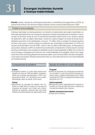 31                  Encargos incidentes durante
                    a licença-maternidade


 Ementa: propõe a isenção da contribuição previdenciária e a transferência dos pagamentos do FGTS, do
 proporcional de férias e dos demais encargos incidentes durante a licença-maternidade para o INSS.

  Problema (irracionalidade)
 A licença-maternidade (ou licença-gestante) é um benefício complementado pelo salário-maternidade, co-
 berto pela seguridade social, que visa garantir à gestante condições adequadas para acompanhar o recém-
 nascido nos primeiros meses de vida. O entendimento doutrinário predominante é que, durante o período
 de afastamento, além do salário-maternidade, mantém-se a plena contagem do tempo de serviço da tra-
 balhadora para todos os fins (gratificações, se houver; 13º salário; férias e contagem do período aquisitivo
 de férias, entre outros), inclusive sofrendo as incidências das contribuições previdenciárias, do FGTS e do
 Imposto de Renda Retido na Fonte (IRRF), sendo o valor do salário-maternidade pago, correspondente a
 esse período, deduzido na GPS do recolhimento previdenciário correspondente. Embora durante o período
 de licença-maternidade a remuneração da trabalhadora seja de responsabilidade do INSS, há uma série de
 outros encargos e obrigações que continuam sob a responsabilidade do empregador. Ocorre que o paga-
 mento feito a título de licença-gestante não representa salário, pois é feito pelo INSS e não pelo empregador,
 e não deveria ser tributado. Devendo praticamente todos os custos deste período ficar sob responsabilidade
 da Previdência Social.


  Consequências do problema                                Solução do problema e suas implicações

  Custos                                                  Proposta
 •A empresa mantém um custo sobre período sem            •Isentar as empresas da contribuição previdenciá-
  trabalho de mais de 100% do salário, correspon-         ria e transferir o custo dos demais encargos inci-
  dente aos encargos previdenciários, FGTS, pro-          dentes sobre o salário-maternidade para o INSS,
  porcional de férias, 13º, benefícios como auxílio-      a exemplo do FGTS e do pagamento proporcional
  alimentação, plano de saúde, entre outros.              das férias e do 13º.

  Outras                                                  Ganho esperado
 •Desestímulo ao mercado de trabalho das mu-             •Redução de custos, especialmente em setores in-
  lheres em idade fértil em função do risco para as       tensivos em mão de obra feminina e melhoria do
  empresas de arcarem com custos sem contra-              mercado de trabalho das mulheres.
  partidas de produção, devendo este risco estar
  coberto por política pública da seguridade social.      Medida necessária/instrumento
                                                         •Projeto de lei ordinária.




 58                                                       101 PROPOSTAS PARA MODERNIZAÇÃO TRABALHISTA - CNI
 