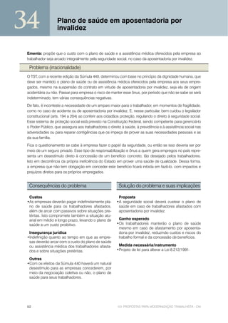 34                 Plano de saúde em aposentadoria por
                   invalidez


 Ementa: propõe que o custo com o plano de saúde e a assistência médica oferecidos pela empresa ao
 trabalhador seja arcado integralmente pela seguridade social, no caso da aposentadoria por invalidez.

  Problema (irracionalidade)
 O TST, com a recente edição da Súmula 440, determinou com base no princípio da dignidade humana, que
 deve ser mantido o plano de saúde ou de assistência médica oferecidos pela empresa aos seus empre-
 gados, mesmo na suspensão do contrato em virtude de aposentadoria por invalidez, seja ela de origem
 acidentária ou não. Passar para empresa o risco de manter esse ônus, por período que não se sabe se será
 indeterminado, tem várias consequências negativas.
 De fato, é inconteste a necessidade de um amparo maior para o trabalhador, em momentos de fragilidade,
 como no caso de acidente ou de aposentadoria por invalidez. E, nesse particular, bem cuidou o legislador
 constitucional (arts. 194 a 204) ao conferir aos cidadãos proteção, regulando o direito à seguridade social.
 Esse sistema de proteção social está previsto na Constituição Federal, sendo competente para gerenciá-lo
 o Poder Público, que assegura aos trabalhadores o direito à saúde, à previdência e à assistência social nas
 adversidades ou para reparar contigências que os impeça de prover as suas necessidades pessoais e as
 da sua família.
 Fica o questionamento se cabe à empresa fazer o papel da seguridade, ou então se isso deveria ser por
 meio de um seguro privado. Esse tipo de responsabilização e ônus a quem gera empregos no país repre-
 senta um desestímulo direto à concessão de um benefício concreto, tão desejado pelos trabalhadores.
 Isto em decorrência da própria ineficiência do Estado em prover uma saúde de qualidade. Dessa forma,
 a empresa que não tem obrigação em conceder este benefício ficará inibida em fazê-lo, com impactos e
 prejuízos diretos para os próprios empregados.


  Consequências do problema                               Solução do problema e suas implicações

  Custos                                                 Proposta
 •As empresas deverão pagar indefinidamente pla-        •A seguridade social deverá custear o plano de
  no de saúde para os trabalhadores afastados,           saúde em caso de trabalhadores afastados com
  além de arcar com passivos sobre situações pre-        aposentadoria por invalidez.
  téritas. Isto compromete também a situação atu-
  arial em médio e longo prazo, levando o plano de       Ganho esperado
  saúde a um custo proibitivo.                          •Os trabalhadores manterão o plano de saúde
                                                         mesmo em caso de afastamento por aposenta-
  Insegurança jurídica                                   doria por invalidez, reduzindo custos e riscos do
 •Indefinição quanto ao tempo em que as empre-           trabalho formal e da concessão de benefícios.
  sas deverão arcar com o custo do plano de saúde
  ou assistência médica dos trabalhadores afasta-        Medida necessária/instrumento
  dos e sobre situações pretéritas.                     •Projeto de lei para alterar a Lei 8.212/1991.

  Outras
 •Com os efeitos da Súmula 440 haverá um natural
  desestímulo para as empresas concederem, por
  meio da negociação coletiva ou não, o plano de
  saúde para seus trabalhadores.




 62                                                      101 PROPOSTAS PARA MODERNIZAÇÃO TRABALHISTA - CNI
 