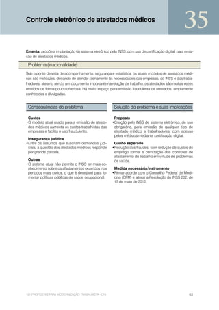 Controle eletrônico de atestados médicos
                                                                                                   35
Ementa: propõe a implantação de sistema eletrônico pelo INSS, com uso de certificação digital, para emis-
são de atestados médicos.

 Problema (irracionalidade)
Sob o ponto de vista de acompanhamento, segurança e estatística, os atuais modelos de atestados médi-
cos são ineficazes, deixando de atender plenamente às necessidades das empresas, do INSS e dos traba-
lhadores. Mesmo sendo um documento importante na relação de trabalho, os atestados são muitas vezes
emitidos de forma pouco criteriosa. Há muito espaço para emissão fraudulenta de atestados, amplamente
conhecidas e divulgadas.


 Consequências do problema                             Solução do problema e suas implicações

 Custos                                                Proposta
•O modelo atual usado para a emissão de atesta-       •Criação pelo INSS de sistema eletrônico, de uso
 dos médicos aumenta os custos trabalhistas das        obrigatório, para emissão de qualquer tipo de
 empresas e facilita o uso fraudulento.                atestado médico a trabalhadores, com acesso
                                                       pelos médicos mediante certificação digital.
 Insegurança jurídica
•Entre os assuntos que suscitam demandas judi-         Ganho esperado
 ciais, a questão dos atestados médicos responde      •Redução das fraudes, com redução de custos do
 por grande parcela.                                   emprego formal e otimização dos controles de
                                                       afastamento do trabalho em virtude de problemas
 Outras                                                de saúde.
•O sistema atual não permite o INSS ter mais co-
 nhecimento sobre os afastamentos ocorridos nos        Medida necessária/instrumento
 períodos mais curtos, o que é desejável para fo-     •Firmar acordo com o Conselho Federal de Medi-
 mentar políticas públicas de saúde ocupacional.       cina (CFM) e alterar a Resolução do INSS 202, de
                                                       17 de maio de 2012.




101 PROPOSTAS PARA MODERNIZAÇÃO TRABALHISTA - CNI                                                     63
 