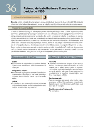 36                 Retorno de trabalhadores liberados pela
                   perícia do INSS
      ALTO IMPACTO EM INSEGURANÇA JURÍDICA


 Ementa: propõe a fixação de um prazo para revisão, pelo Instituto Nacional do Seguro Social (INSS), de laudo
 referente a trabalhadores liberados para retorno ao trabalho que não obtiveram alta pelo médico da empresa.

  Problema (irracionalidade)
 O Instituto Nacional do Seguro Social (INSS) realiza 700 mil perícias por mês. Quando a perícia do INSS
 confirma a aptidão do empregado para o trabalho, ela não autoriza ou cancela o pagamento do benefício e
 obriga o trabalhador a se apresentar ao trabalho. Se, porém, o médico do trabalho, na avaliação de retorno,
 questiona a aptidão, entendendo que o trabalhador ainda está inapto ao trabalho, não o aceita de volta. Se
 a perícia do INSS não renova o benefício e a empresa não tem condições de receber o seu empregado, este
 último ficará à margem de qualquer proteção. Todavia, diante do vácuo legal e da relação de hipossuficiên-
 cia do empregado, algumas decisões judiciais têm entendido que se o empregador não permite ao traba-
 lhador o retorno, ainda que amparada em laudo médico contrário à conclusão da Previdência, deve suportar
 os ônus decorrentes da sua recusa, ou seja, remunerar o empregado enquanto aguarda o benefício ou sua
 capacidade laborativa. Isso gera uma situação de insegurança para todas as partes.


  Consequências do problema                               Solução do problema e suas implicações

  Custos                                                 Proposta
 •Possibilidade de pagamento dos salários durante       •Determinar ao INSS que reveja o laudo, quando
  o período de afastamento, sem contrapartida de         instado a fazê-lo por meio de recurso, no prazo
  produção.                                              máximo de 72 horas, quando existir o impasse,
                                                         com análise justificada da existência ou da inexis-
  Insegurança jurídica                                   tência de aptidão, sob pena de ser restabelecido
 •Não existindo legislação que regule o tema apro-       imediatamente o benefício previdenciário, com
  priadamente, o empregador não sabe como agir,          ônus integral para o INSS.
  podendo ser condenado a arcar com custos ele-
  vados.                                                 Ganho esperado
                                                        •Para as empresas, a proposta reduz custos e a in-
  Outras                                                 segurança jurídica. O impacto para o trabalhador
 •O trabalhador fica em situação de total incerteza e    é positivo, pois hoje não existe suporte legal para
  pode inclusive passar um tempo expressivo sem          esse tipo de situação.
  receber recursos para seu sustento.
                                                         Medida necessária/instrumento
                                                        •Ato normativo.




 64                                                      101 PROPOSTAS PARA MODERNIZAÇÃO TRABALHISTA - CNI
 