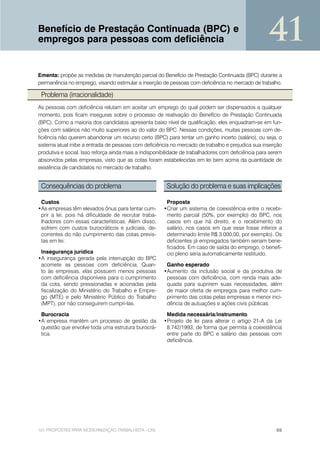 Benefício de Prestação Continuada (BPC) e
empregos para pessoas com deficiência                                                                41
Ementa: propõe as medidas de manutenção parcial do Benefício de Prestação Continuada (BPC) durante a
permanência no emprego, visando estimular a inserção de pessoas com deficiência no mercado de trabalho.

 Problema (irracionalidade)
As pessoas com deficiência relutam em aceitar um emprego do qual podem ser dispensados a qualquer
momento, pois ficam inseguras sobre o processo de reativação do Benefício de Prestação Continuada
(BPC). Como a maioria dos candidatos apresenta baixo nível de qualificação, eles enquadram-se em fun-
ções com salários não muito superiores ao do valor do BPC. Nessas condições, muitas pessoas com de-
ficiência não querem abandonar um recurso certo (BPC) para tentar um ganho incerto (salário), ou seja, o
sistema atual inibe a entrada de pessoas com deficiência no mercado de trabalho e prejudica sua inserção
produtiva e social. Isso reforça ainda mais a indisponibilidade de trabalhadores com deficiência para serem
absorvidos pelas empresas, visto que as cotas foram estabelecidas em lei bem acima da quantidade de
existência de candidatos no mercado de trabalho.


 Consequências do problema                              Solução do problema e suas implicações

 Custos                                                 Proposta
•As empresas têm elevados ônus para tentar cum-        •Criar um sistema de coexistência entre o recebi-
 prir a lei, pois há dificuldade de recrutar traba-     mento parcial (50%, por exemplo) do BPC, nos
 lhadores com essas características. Além disso,        casos em que há direito, e o recebimento do
 sofrem com custos burocráticos e judiciais, de-        salário, nos casos em que esse fosse inferior a
 correntes do não cumprimento das cotas previs-         determinado limite R$ 3.000,00, por exemplo). Os
 tas em lei.                                            deficientes já empregados também seriam bene-
                                                        ficiados. Em caso de saída do emprego, o benefí-
 Insegurança jurídica                                   cio pleno seria automaticamente restituído.
•A insegurança gerada pela interrupção do BPC
 acomete as pessoas com deficiência. Quan-              Ganho esperado
 to às empresas, elas possuem menos pessoas            •Aumento da inclusão social e da produtiva de
 com deficiência disponíveis para o cumprimento         pessoas com deficiência, com renda mais ade-
 da cota, sendo pressionadas e acionadas pela           quada para suprirem suas necessidades, além
 fiscalização do Ministério do Trabalho e Empre-        de maior oferta de empregos para melhor cum-
 go (MTE) e pelo Ministério Público do Trabalho         primento das cotas pelas empresas e menor inci-
 (MPT), por não conseguirem cumpri-las.                 dência de autuações e ações civis públicas.

 Burocracia                                             Medida necessária/instrumento
•A empresa mantém um processo de gestão da             •Projeto de lei para alterar o artigo 21-A da Lei
 questão que envolve toda uma estrutura burocrá-        8.742/1993, de forma que permita a coexistência
 tica.                                                  entre parte do BPC e salário das pessoas com
                                                        deficiência.




101 PROPOSTAS PARA MODERNIZAÇÃO TRABALHISTA - CNI                                                       69
 