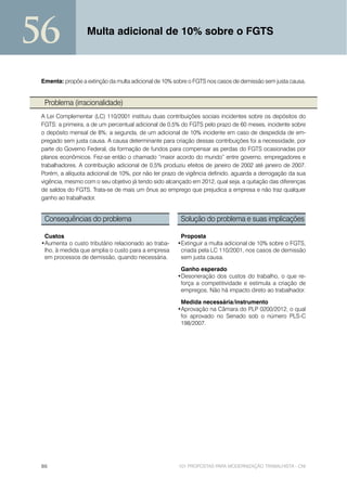 56                Multa adicional de 10% sobre o FGTS



 Ementa: propõe a extinção da multa adicional de 10% sobre o FGTS nos casos de demissão sem justa causa.


  Problema (irracionalidade)
 A Lei Complementar (LC) 110/2001 instituiu duas contribuições sociais incidentes sobre os depósitos do
 FGTS: a primeira, a de um percentual adicional de 0,5% do FGTS pelo prazo de 60 meses, incidente sobre
 o depósito mensal de 8%; a segunda, de um adicional de 10% incidente em caso de despedida de em-
 pregado sem justa causa. A causa determinante para criação dessas contribuições foi a necessidade, por
 parte do Governo Federal, da formação de fundos para compensar as perdas do FGTS ocasionadas por
 planos econômicos. Fez-se então o chamado “maior acordo do mundo” entre governo, empregadores e
 trabalhadores. A contribuição adicional de 0,5% produziu efeitos de janeiro de 2002 até janeiro de 2007.
 Porém, a alíquota adicional de 10%, por não ter prazo de vigência definido, aguarda a derrogação da sua
 vigência, mesmo com o seu objetivo já tendo sido alcançado em 2012, qual seja, a quitação das diferenças
 de saldos do FGTS. Trata-se de mais um ônus ao emprego que prejudica a empresa e não traz qualquer
 ganho ao trabalhador.


  Consequências do problema                            Solução do problema e suas implicações

  Custos                                               Proposta
 •Aumenta o custo tributário relacionado ao traba-    •Extinguir a multa adicional de 10% sobre o FGTS,
  lho, à medida que amplia o custo para a empresa      criada pela LC 110/2001, nos casos de demissão
  em processos de demissão, quando necessária.         sem justa causa.

                                                       Ganho esperado
                                                      •Desoneração dos custos do trabalho, o que re-
                                                       força a competitividade e estimula a criação de
                                                       empregos. Não há impacto direto ao trabalhador.

                                                       Medida necessária/instrumento
                                                      •Aprovação na Câmara do PLP 0200/2012, o qual
                                                       foi aprovado no Senado sob o número PLS-C
                                                       198/2007.




 86                                                    101 PROPOSTAS PARA MODERNIZAÇÃO TRABALHISTA - CNI
 