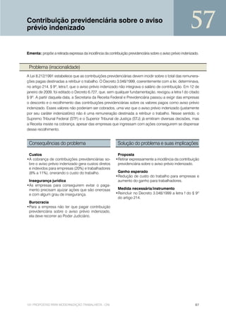 Contribuição previdenciária sobre o aviso
prévio indenizado                                                                                         57
Ementa: propõe a retirada expressa da incidência da contribuição previdenciária sobre o aviso prévio indenizado.


 Problema (irracionalidade)
A Lei 8.212/1991 estabelece que as contribuições previdenciárias devem incidir sobre o total das remunera-
ções pagas destinadas a retribuir o trabalho. O Decreto 3.048/1999, coerentemente com a lei, determinava,
no artigo 214, § 9º, letra f, que o aviso prévio indenizado não integrava o salário de contribuição. Em 12 de
janeiro de 2009, foi editado o Decreto 6.727, que, sem qualquer fundamentação, revogou a letra f do citado
§ 9º. A partir daquela data, a Secretaria da Receita Federal e Previdenciária passou a exigir das empresas
o desconto e o recolhimento das contribuições previdenciárias sobre os valores pagos como aviso prévio
indenizado. Esses valores não poderiam ser cobrados, uma vez que o aviso prévio indenizado (justamente
por seu caráter indenizatório) não é uma remuneração destinada a retribuir o trabalho. Nesse sentido, o
Supremo Tribunal Federal (STF) e o Superior Tribunal de Justiça (STJ) já emitiram diversas decisões, mas
a Receita insiste na cobrança, apesar das empresas que ingressam com ações conseguirem se dispensar
desse recolhimento.


 Consequências do problema                                 Solução do problema e suas implicações

 Custos                                                   Proposta
•A cobrança de contribuições previdenciárias so-         •Retirar expressamente a incidência da contribuição
 bre o aviso prévio indenizado gera custos diretos        previdenciária sobre o aviso prévio indenizado.
 e indevidos para empresas (20%) e trabalhadores
 (8% a 11%), onerando o custo do trabalho.                Ganho esperado
                                                         •Redução de custo do trabalho para empresas e
 Insegurança jurídica                                     aumento do ganho para trabalhadores.
•As empresas para conseguirem evitar o paga-
 mento precisam ajuizar ações que são onerosas            Medida necessária/instrumento
 e com algum grau de insegurança.                        •Reincluir no Decreto 3.048/1999 a letra f do § 9º
                                                          do artigo 214.
 Burocracia
•Para a empresa não ter que pagar contribuição
 previdenciária sobre o aviso prévio indenizado,
 ela deve recorrer ao Poder Judiciário.




101 PROPOSTAS PARA MODERNIZAÇÃO TRABALHISTA - CNI                                                            87
 