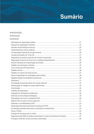 Sumário

	   APRESENTAÇÃO
	   INTRODUÇÃO
	   propostas

     Valorização da negociação coletiva......................................................................................................... 21
     Espaços de negociação individual........................................................................................................... 22
     Intervalo intrajornada para repouso. ........................................................................................................ 23
                                        .
     Ultratividade das normas coletivas. ......................................................................................................... 24
                                       .
     Compensação habitual de jornada semanal........................................................................................... 26
     Jornada de trabalho de 12 por 36............................................................................................................ 27
     Pagamento do período suprimido do intervalo intrajornada.................................................................... 28
     Negociação do banco de horas com a categoria preponderante.......................................................... 29
                                                               .
     Acordo individual de compensação de jornada...................................................................................... 30
     Trabalho aos domingos e feriados........................................................................................................... 32
     Turno ininterrupto de revezamento........................................................................................................... 34
     Trabalho noturno....................................................................................................................................... 36
     Trabalho em regime de tempo parcial...................................................................................................... 37
     Tempo à disposição do empregador após portaria................................................................................. 38
     Regulamentação de atividades profissionais. ......................................................................................... 40
                                               .
     Sobreaviso................................................................................................................................................ 41
     Contratação de pessoas físicas em serviço eventual.............................................................................. 42
     Flexibilização do trabalho em prazo determinado................................................................................... 43
     Terceirização............................................................................................................................................. 44
     Trabalho de expatriados........................................................................................................................... 45
     Imigração de estrangeiros qualificados................................................................................................... 46
     Sistemas de remuneração estratégica..................................................................................................... 48
     Participação nos lucros e resultados (PLR). ............................................................................................ 50
                                               .
     Salário-mínimo e pisos mínimos regionais............................................................................................... 51
     Extensão e cumulatividade do PAT.......................................................................................................... 52
                                     .
     Notificação prévia para exclusão de empresas do PAT........................................................................... 53
     Contribuição previdenciária sobre a previdência complementar............................................................ 54
                                                                 .
     Horas in itinere.......................................................................................................................................... 55
     Intervalo de descanso para a mulher....................................................................................................... 56
     Pagamento pelo INSS do salário-maternidade no caso de empresas do Simples................................ 57
     Encargos incidentes durante a licença-maternidade............................................................................... 58
 