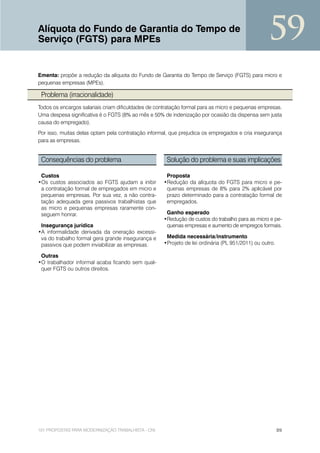 Alíquota do Fundo de Garantia do Tempo de
Serviço (FGTS) para MPEs                                                                           59
Ementa: propõe a redução da alíquota do Fundo de Garantia do Tempo de Serviço (FGTS) para micro e
pequenas empresas (MPEs).

 Problema (irracionalidade)
Todos os encargos salariais criam dificuldades de contratação formal para as micro e pequenas empresas.
Uma despesa significativa é o FGTS (8% ao mês e 50% de indenização por ocasião da dispensa sem justa
causa do empregado).
Por isso, muitas delas optam pela contratação informal, que prejudica os empregados e cria insegurança
para as empresas.


 Consequências do problema                            Solução do problema e suas implicações

 Custos                                               Proposta
•Os custos associados ao FGTS ajudam a inibir        •Redução da alíquota do FGTS para micro e pe-
 a contratação formal de empregados em micro e        quenas empresas de 8% para 2% aplicável por
 pequenas empresas. Por sua vez, a não contra-        prazo determinado para a contratação formal de
 tação adequada gera passivos trabalhistas que        empregados.
 as micro e pequenas empresas raramente con-
 seguem honrar.                                       Ganho esperado
                                                     •Redução de custos do trabalho para as micro e pe-
 Insegurança jurídica                                 quenas empresas e aumento de empregos formais.
•A informalidade derivada da oneração excessi-
 va do trabalho formal gera grande insegurança e      Medida necessária/instrumento
 passivos que podem inviabilizar as empresas.        •Projeto de lei ordinária (PL 951/2011) ou outro.

 Outras
•O trabalhador informal acaba ficando sem qual-
 quer FGTS ou outros direitos.




101 PROPOSTAS PARA MODERNIZAÇÃO TRABALHISTA - CNI                                                        89
 
