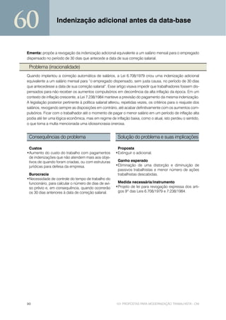 60                  Indenização adicional antes da data-base



 Ementa: propõe a revogação da indenização adicional equivalente a um salário mensal para o empregado
 dispensado no período de 30 dias que antecede a data de sua correção salarial.

  Problema (irracionalidade)
 Quando implantou a correção automática de salários, a Lei 6.708/1979 criou uma indenização adicional
 equivalente a um salário mensal para “o empregado dispensado, sem justa causa, no período de 30 dias
 que antecedesse a data de sua correção salarial”. Esse artigo visava impedir que trabalhadores fossem dis-
 pensados para não receber os aumentos compulsórios em decorrência da alta inflação da época. Em um
 contexto de inflação crescente, a Lei 7.238/1984 manteve a previsão do pagamento da mesma indenização.
 A legislação posterior pertinente à política salarial alterou, repetidas vezes, os critérios para o reajuste dos
 salários, revogando sempre as disposições em contrário, até acabar definitivamente com os aumentos com-
 pulsórios. Ficar com o trabalhador até o momento de pagar o menor salário em um período de inflação alta
 podia até ter uma lógica econômica, mas em regime de inflação baixa, como o atual, isto perdeu o sentido,
 o que torna a multa mencionada uma idiossincrasia onerosa.


  Consequências do problema                                 Solução do problema e suas implicações

  Custos                                                   Proposta
 •Aumento do custo do trabalho com pagamentos             •Extinguir o adicional.
  de indenizações que não atendem mais aos obje-
  tivos de quando foram criadas, ou com estruturas         Ganho esperado
  jurídicas para defesa da empresa.                       •Eliminação de uma distorção e diminuição de
                                                           passivos trabalhistas e menor número de ações
  Burocracia                                               trabalhistas descabidas.
 •Necessidade de controle do tempo de trabalho do
  funcionário, para calcular o número de dias de avi-      Medida necessária/instrumento
  so prévio e, em consequência, quando ocorrerão          •Projeto de lei para revogação expressa dos arti-
  os 30 dias anteriores à data de correção salarial.       gos 9º das Leis 6.708/1979 e 7.238/1984.




 90                                                        101 PROPOSTAS PARA MODERNIZAÇÃO TRABALHISTA - CNI
 